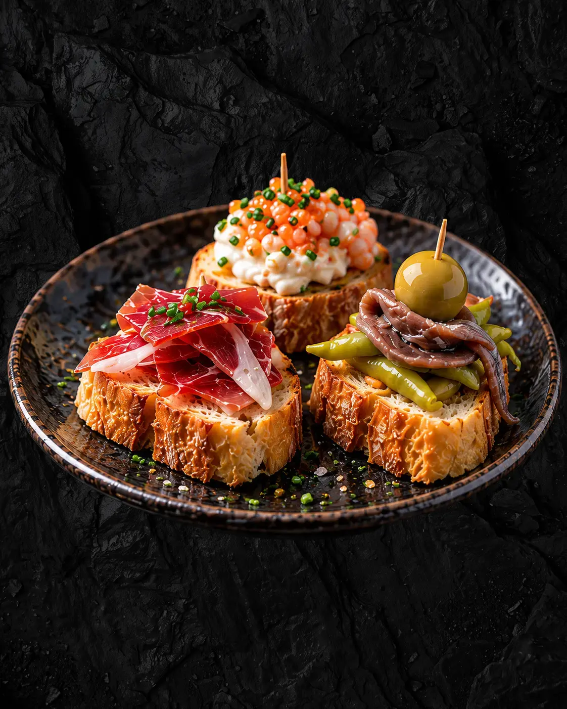 Tres pintxos: jamón, ensaladilla con huevas y anchoa con guindilla y aceituna